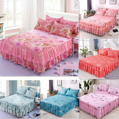 Graceful 3pcs Floral Double Lace Bed Skirt with Fitted Sheet + Pillowcase