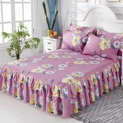 Graceful 3pcs Floral Double Lace Bed Skirt with Fitted Sheet + Pillowcase