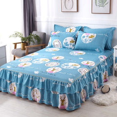 Graceful 3pcs Floral Double Lace Bed Skirt with Fitted Sheet + Pillowcase