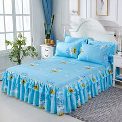 Graceful 3pcs Floral Double Lace Bed Skirt with Fitted Sheet + Pillowcase