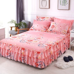 Graceful 3pcs Floral Double Lace Bed Skirt with Fitted Sheet + Pillowcase