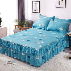 Graceful 3pcs Floral Double Lace Bed Skirt with Fitted Sheet + Pillowcase