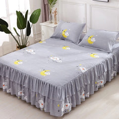 Graceful 3pcs Floral Double Lace Bed Skirt with Fitted Sheet + Pillowcase