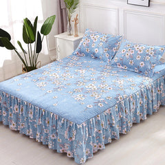 Graceful 3pcs Floral Double Lace Bed Skirt with Fitted Sheet + Pillowcase