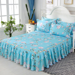 Graceful 3pcs Floral Double Lace Bed Skirt with Fitted Sheet + Pillowcase