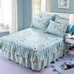Graceful 3pcs Floral Double Lace Bed Skirt with Fitted Sheet + Pillowcase
