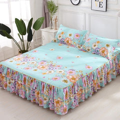 Graceful 3pcs Floral Double Lace Bed Skirt with Fitted Sheet + Pillowcase