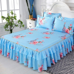 Graceful 3pcs Floral Double Lace Bed Skirt with Fitted Sheet + Pillowcase