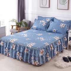 Graceful 3pcs Floral Double Lace Bed Skirt with Fitted Sheet + Pillowcase
