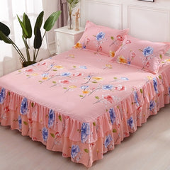 Graceful 3pcs Floral Double Lace Bed Skirt with Fitted Sheet + Pillowcase