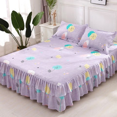 Graceful 3pcs Floral Double Lace Bed Skirt with Fitted Sheet + Pillowcase