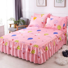 Graceful 3pcs Floral Double Lace Bed Skirt with Fitted Sheet + Pillowcase