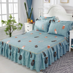 Graceful 3pcs Floral Double Lace Bed Skirt with Fitted Sheet + Pillowcase