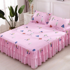 Graceful 3pcs Floral Double Lace Bed Skirt with Fitted Sheet + Pillowcase