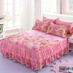 Graceful 3pcs Floral Double Lace Bed Skirt with Fitted Sheet + Pillowcase