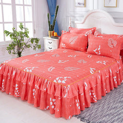 Graceful 3pcs Floral Double Lace Bed Skirt with Fitted Sheet + Pillowcase