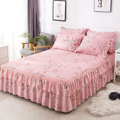 Graceful 3pcs Floral Double Lace Bed Skirt with Fitted Sheet + Pillowcase